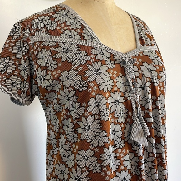 Retro Floral Nightgown PJ Boho Med Brown Maxi Stretch Dress Hippie VTG Artsy - Picture 3 of 14